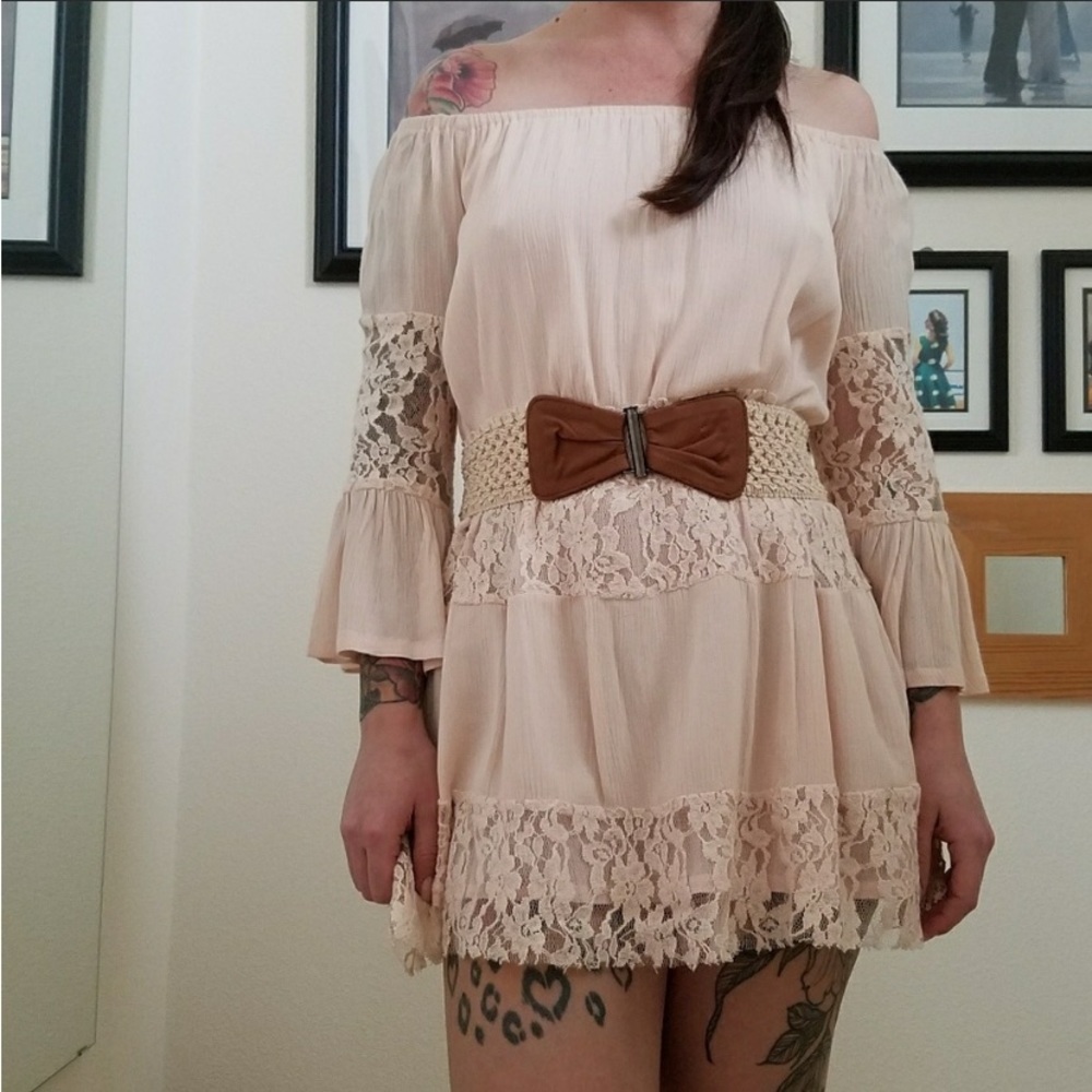 Free People Pink Crinkle Gauze Lace Off Shoulder Mini Dress Tunic Blouse Top - Picture 6 of 8